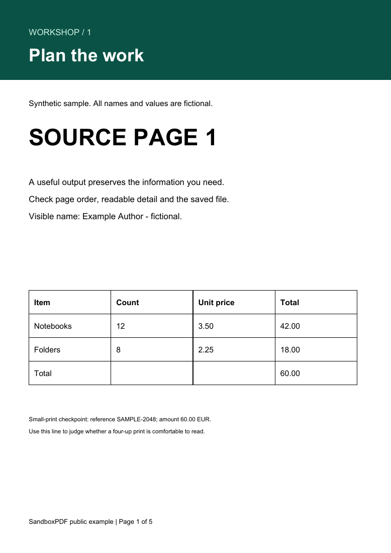 After sanitizing: the printed fictional name and table remain visible on the page